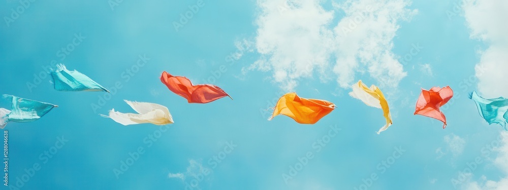 Naklejka premium Colorful silk scarves fluttering elegantly in a bright blue sky with soft white clouds on a sunny day
