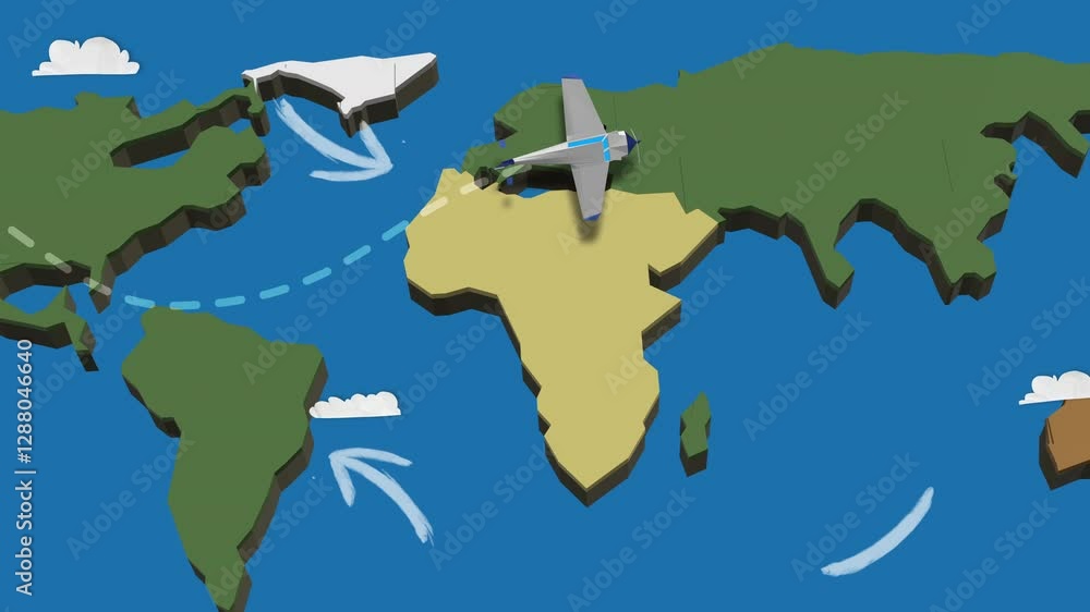 Airplane flying over coloured world map on blue background. Travel around the world by plane route. Motion animation. Airplane flying over coloured world map on blue background. Travel around the world by plane route. Motion animation.