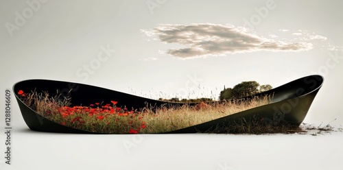 A picturesque view of the countryside with a beautiful natural landscape and blooming wild high grass at sunset on a warm summer day, set against a pastoral scenery with selective focus