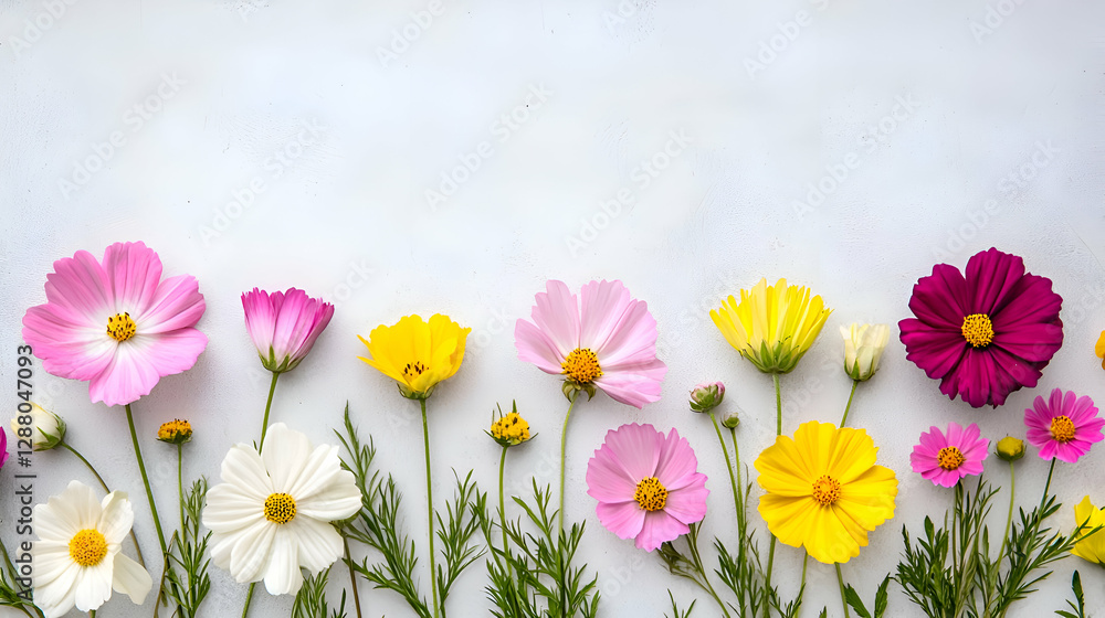 Fototapeta premium Colorful Cosmos Flower Border on Grey Background