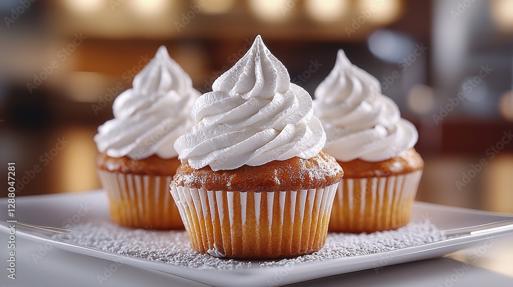 Three vanilla cupcakes, caf? background, dessert plate Three vanilla cupcakes, caf? background, dessert plate