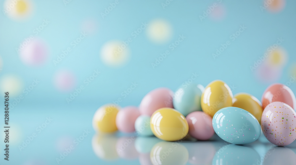 Colorful pastel eggs on reflective surface with soft focus background Colorful pastel eggs on reflective surface with soft focus background