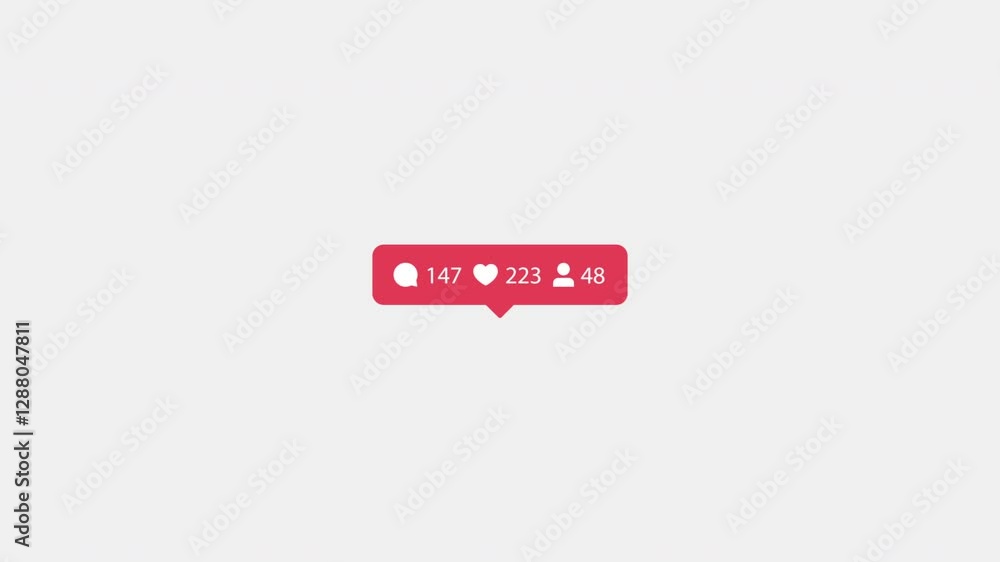 Animated red social media interface. Comments, followers, likes, notification. Numbers increase. White background. Animated red social media interface. Comments, followers, likes, notification. Numbers increase. White background.