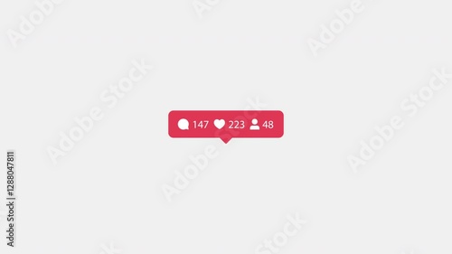 Animated red social media interface. Comments, followers, likes, notification. Numbers increase. White background.