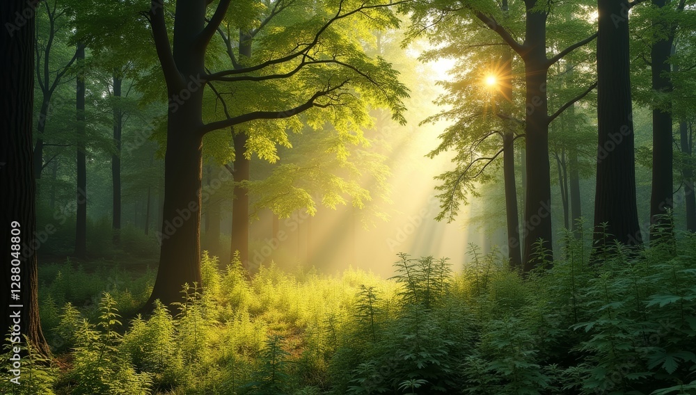 Landscapes of green forest with sunlight between the trees Landscapes of green forest with sunlight between the trees