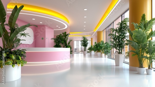 Modern bright office lobby with pink reception and lush green plants