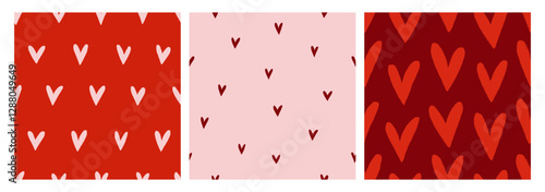 Seamless heart patterns set. Cute doodle-style love prints for Valentine's Day. Endless background, repeating feminine texture for textile, fabric, wrapping design. Romantic flat vector illustrations