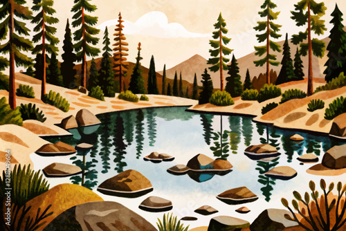 beautiful lake in the green natural forest with trees and stones abstract cartoon illustration