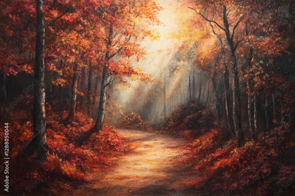 mystical autumn forest pathway with golden light streaming through crimson and amber leaves, creating an enchanted woodland scene mystical autumn forest pathway with golden light streaming through crimson and amber leaves, creating an enchanted woodland scene