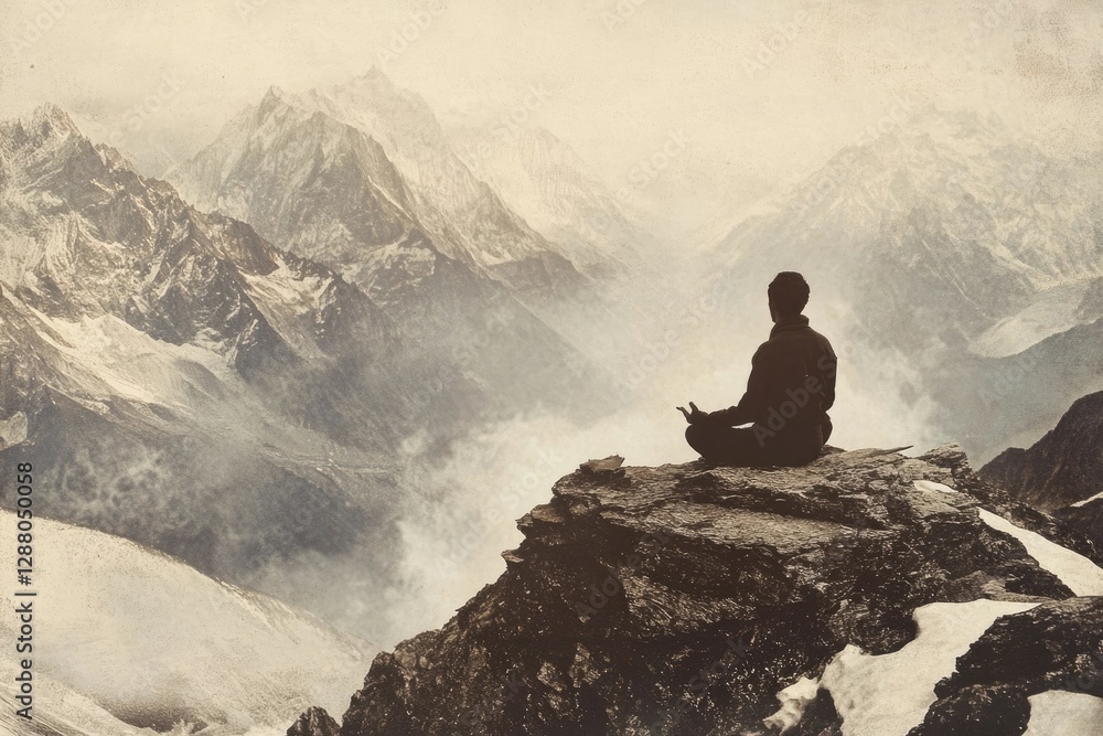 A lone figure meditates atop a mountain, overlooking a breathtaking snow-capped landscape. A lone figure meditates atop a mountain, overlooking a breathtaking snow-capped landscape.