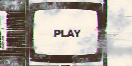 TV screen texture with glitch text PLAY. HDTV no signal problems. Bad TV signal on TV screen Noise of motion background lines. Glitch VHS. play concept. Glitch camera effect. Video rewind texture