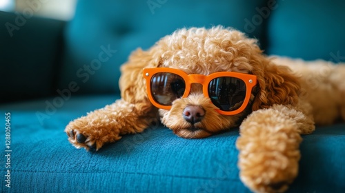 Cute curly-haired dog in orange sunglasses lounging on a teal sofa, relaxed and stylish. Pet fashion and lifestyle concept