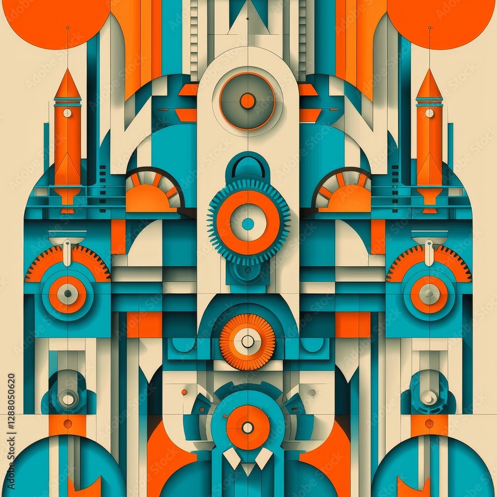 Obraz premium Retrofuturism style is showcased in a seamless pattern that combines geometric abstract textures, circular tracery, and lines with technological and cyber elements