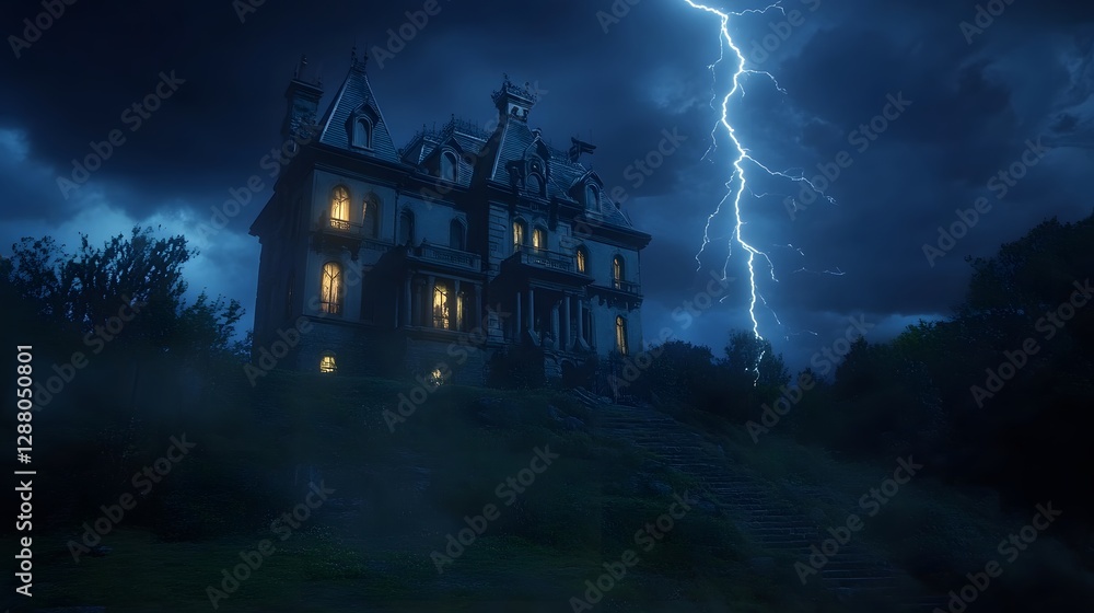Fototapeta premium A haunted mansion on a hill, with lightning illuminating its gothic architecture