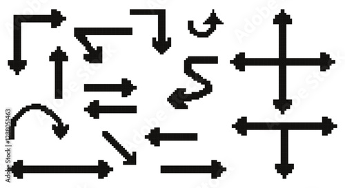 Pixel Art Black Directional Arrows. Simple Sign Directions Curved Backward curved, zigzag. Isolated Vector illustration in retro 8-bit style. Concept pointer symbols Inspired by video game aesthetic