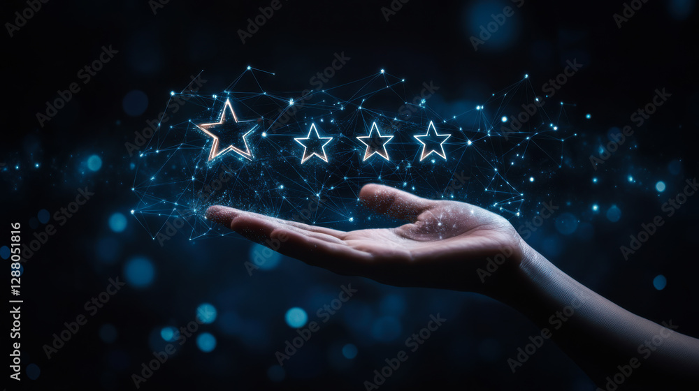 Hand showcasing glowing stars in a digital display against a dark background Hand showcasing glowing stars in a digital display against a dark background