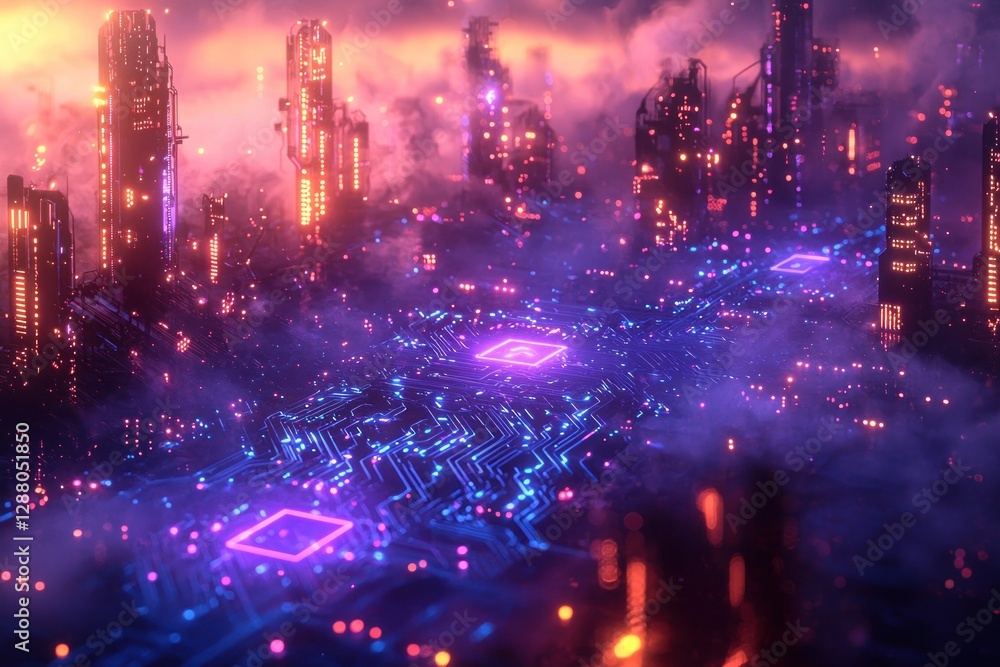 Fototapeta premium Futuristic city, neon glow, circuit board, digital art, aerial view, cityscape, high-tech