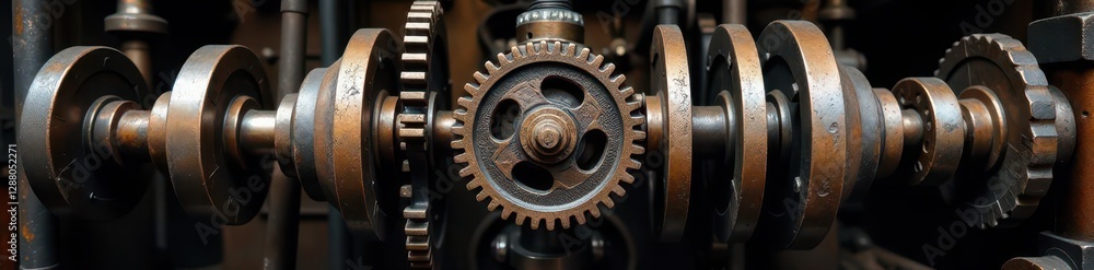 Gears and pistons in a old, steam powered machine, steam, vintage Gears and pistons in a old, steam powered machine, steam, vintage
