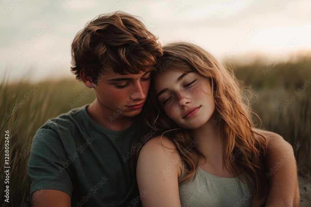 A young couple embraces in a serene grassy field, enjoying a peaceful moment together. A young couple embraces in a serene grassy field, enjoying a peaceful moment together.