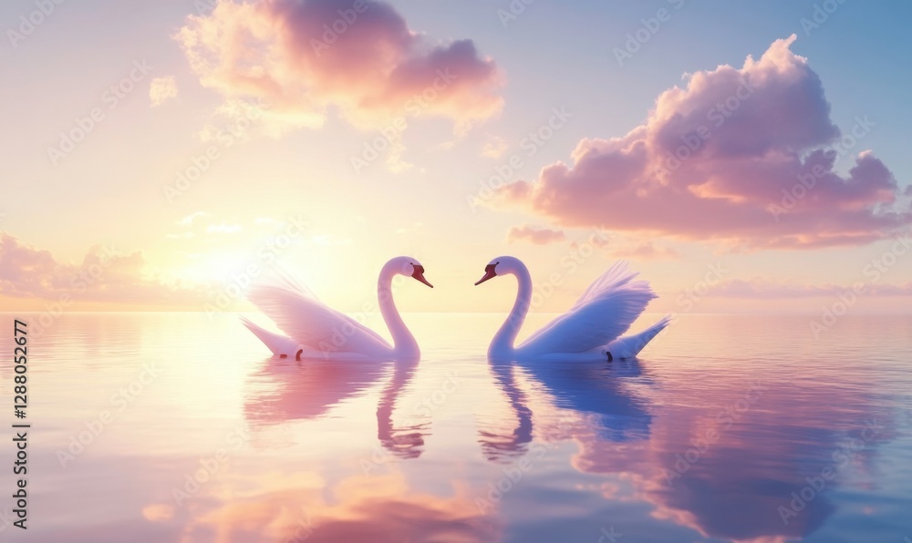 Fototapeta premium Two elegant swans gracefully gliding on a tranquil lake at sunset, with vibrant clouds reflecting