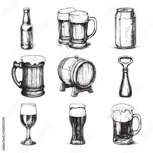 Set of beer vector illustrations - hand drawn beer - black and white beer isolated on white background