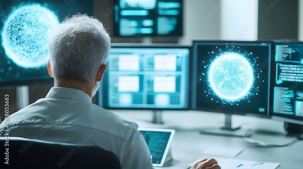 Fototapeta premium A scientist analyzes digital data on multiple monitors, focusing on intricate scientific visuals and futuristic displays.