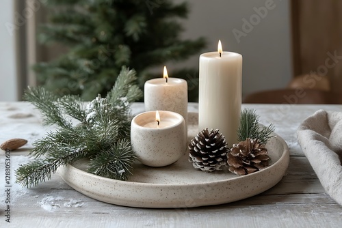 Christmas candles on tray, festive decor photo