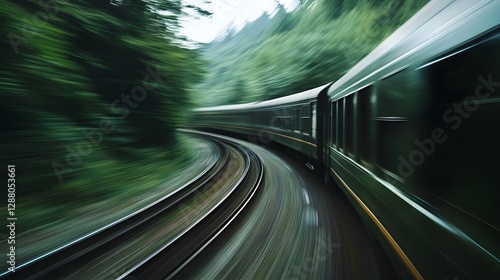 Scenic train journey, vintage train winding through lush green hills, tranquil nature backdrop, adventure and exploration vibe.