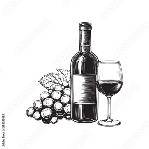 bottle of wine illustrations - hand drawn bottle of wine - black and white bottle of wine isolated on white background