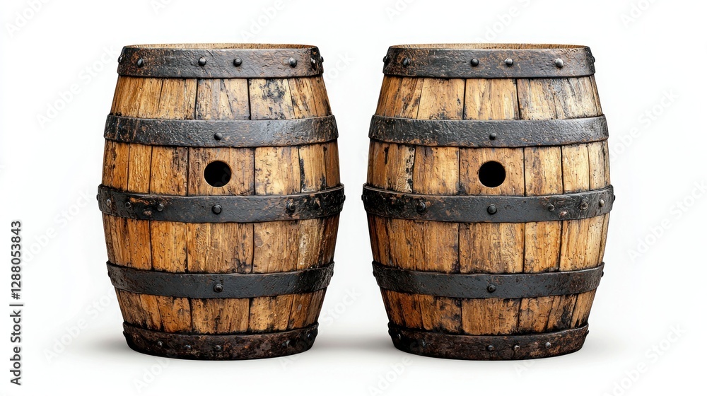 Fototapeta premium Two rustic wooden barrels, isolated, white background, pub decor