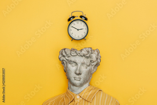 Classical bust with alarm clock on yellow background symbolizing time and urgency