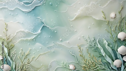 Serene Underwater Scene with Watercolor Texture, Seaweed, and Shells in Pastel Colors
