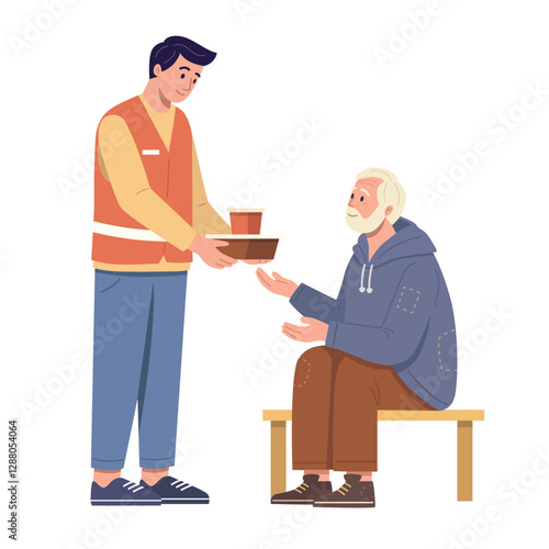 A volunteer offering food to an elderly homeless man.