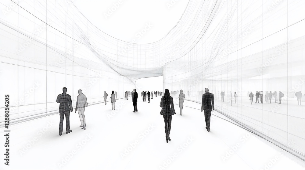 Architectural rendering of people walking through a structure with wired walls Architectural rendering of people walking through a structure with wired walls
