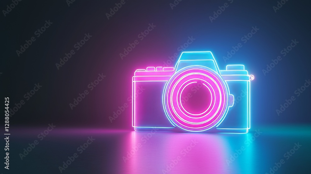 A 3D render featuring a vibrant pink and blue neon camera icon set against a black background with a high-tech floor A 3D render featuring a vibrant pink and blue neon camera icon set against a black background with a high-tech floor