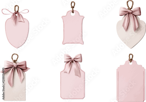A set of elegant pink labels adorned with delicate bows, designed in a dreamy watercolor clipart style.