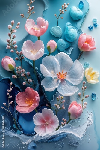 Floral fantasy of pink and white blossoms with blue stone accents on watercolor background