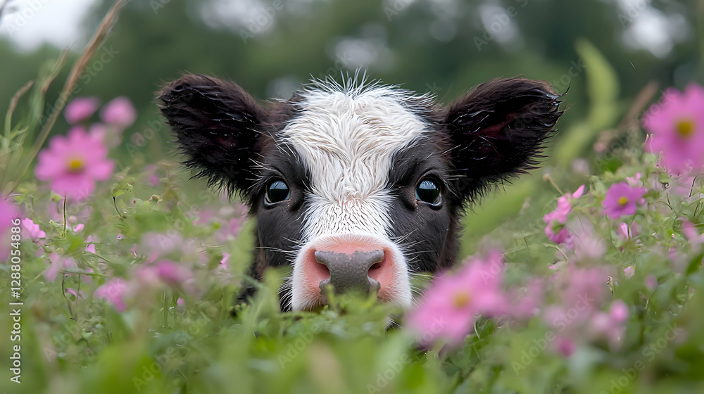 Calf peeking flowers meadow spring pasture Calf peeking flowers meadow spring pasture