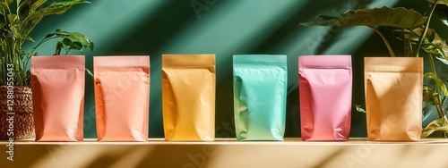 Colorful packaging bags on display against a vibrant background with soft shadows and lush greenery