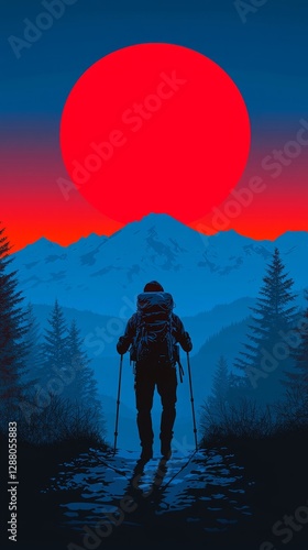 A man is seen from behind hiking up a mountain while wearing a red backpack, as depicted in a poster, with the sun setting in the background to create a stunning orange and pink sky, symbolizing a