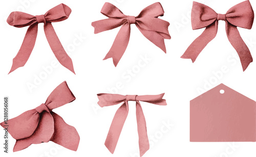 A set of beautifully designed pink labels featuring intricate bows, rendered in a dreamy, soft watercolor clipart style