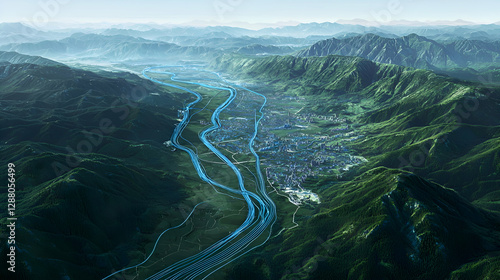 Aerial View of a Serene River Valley Surrounded by Lush Green Mountains