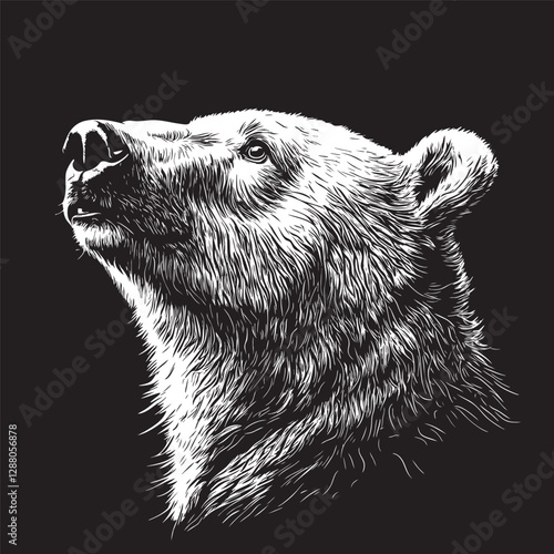Monochrome portrait of a polar bear looking ahead against a black background