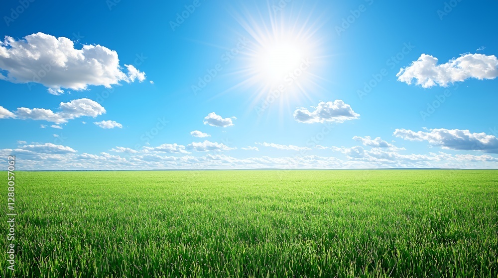 Bright Sunny Day Over Vast Green Field Under Blue Sky Bright Sunny Day Over Vast Green Field Under Blue Sky