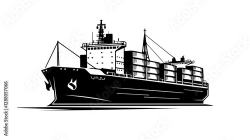 Black and white illustration of a cargo ship.