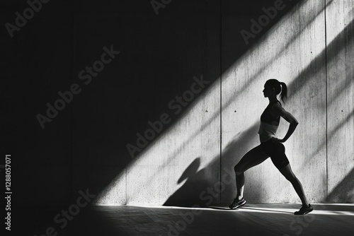 A woman performs a leg stretch against a concrete wall, bathed in sunlight.  Silhouette, fitness, strength.