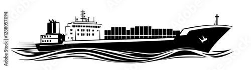 Black and white illustration of a cargo ship.