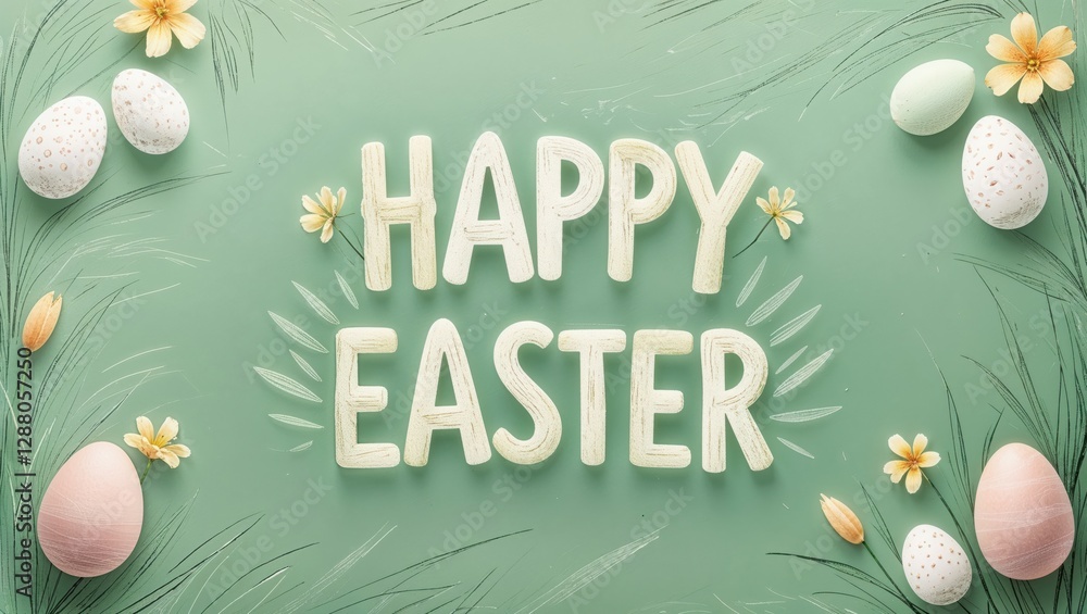 Fototapeta premium Happy Easter Greeting with Decorative Eggs and Blossoms on Green Background