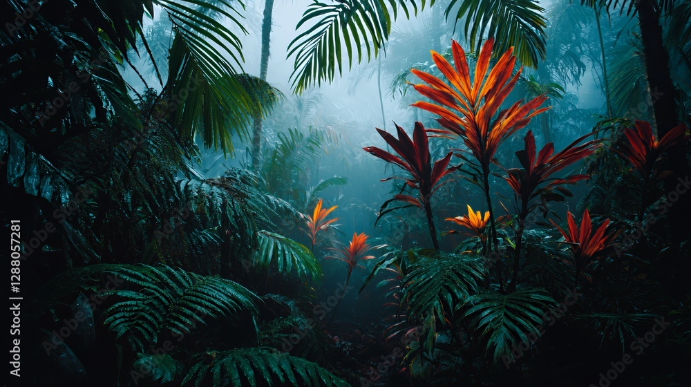 Lush Tropical Rainforest with Orange and Red Plants in Mist Lush Tropical Rainforest with Orange and Red Plants in Mist