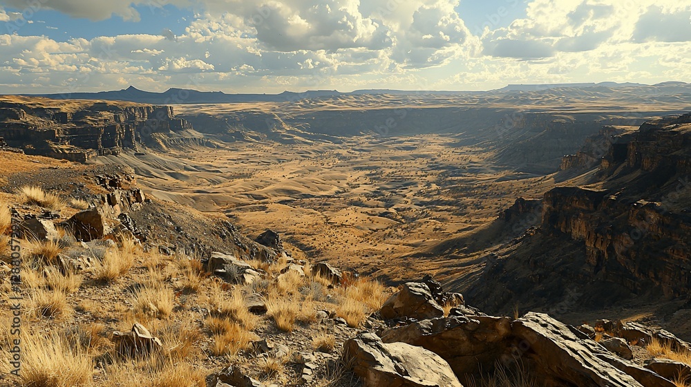 Naklejka premium Canyon landscape, arid terrain, sunlight, clouds, scenic vista, travel, nature